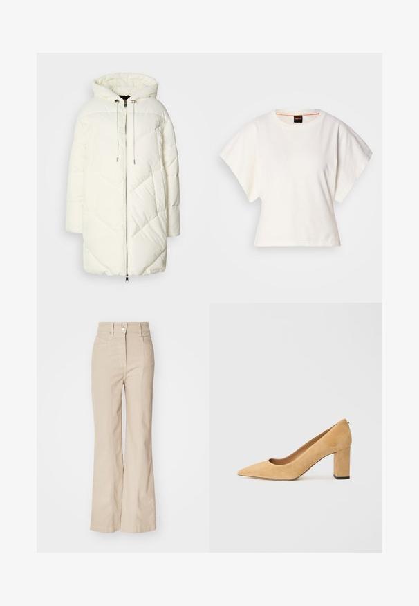 Fehér pufi dzseki kapucnival, steppelt gyémántmintával, elöl cipzárral és húzózsinórokkal. Sima felszín és laza szabás.; Fehér, rövid, bő ujjú, crop szabású póló, puha pamut anyagból, kerek nyakkivágással, finom narancssárga díszítéssel, minimalista dizájn, minta vagy grafika nélkül.; Bézs színű, magas derekú, flared nadrág pamut keverékből, elülső zsebekkel, cipzáros záródással és ezüst gomb részlettel a derék részen.; Beige velúr magassarkú cipő, hegyes orral és tömzsi sarokkal. Az anyag puha tapintású, sima felületű.
