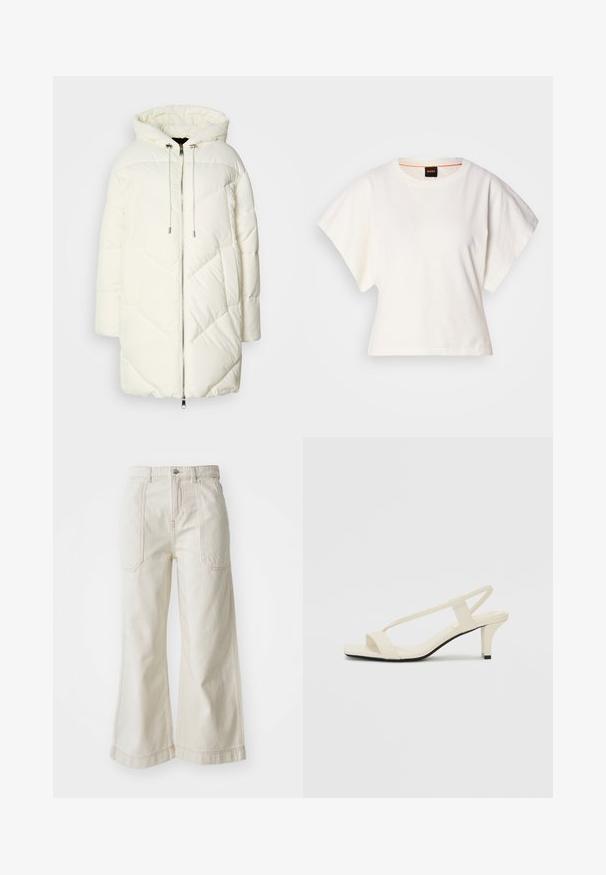 White puffer jacket with a hood, featuring a quilted diamond pattern, front zipper closure, and drawstrings. Smooth texture and relaxed fit.; White cropped T-shirt, short wide sleeves, soft cotton material, round neckline with subtle orange trim, minimal design, no patterns or graphics.; High-waisted, wide-leg pants made of cream-colored denim. Features double front pockets and stitch detailing along the seams.; Beige block-heeled sandals with thin straps and a square toe. Smooth material with minimal detailing, designed for easy wear.