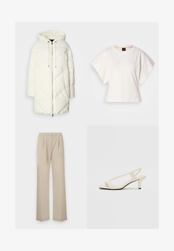 Valge puffjope kapuutsiga, millel on suretatud teemantmuster, esine lukuga sulgemine ja kummutustega. Sile tekstuur ja vabalt voolav lõige.; Valge lühikeste laiadte varrukatega lühike T-särk, pehme puuvillane materjal, ümar kaelus kergelt oranži ääristusega, minimaalne disain, ilma mustrite ja graafikateta.; Heledad beezid püksid sirge säärega, elastse vöökoha ja ühe esise nupuga detailiga. Valmistatud tekstuuriga kangast.; Beez blok-kandadesed õhukeste rihmadega ja ruudukujulise varbaga. Sile materjal minimaalsete detailidega, kujundatud mugavaks kandmiseks.