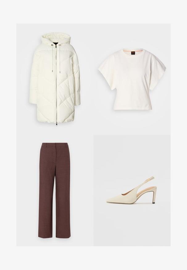 White puffer jacket with a hood, featuring a quilted diamond pattern, front zipper closure, and drawstrings. Smooth texture and relaxed fit.; White cropped T-shirt, short wide sleeves, soft cotton material, round neckline with subtle orange trim, minimal design, no patterns or graphics.; Brown wide-leg trousers made of textured fabric with a smooth finish, featuring a flat front, belt loops, and side pockets.; Beige leather slingback heels with a pointed toe, open side design, and a slim high heel. Features a gold accent on the strap.