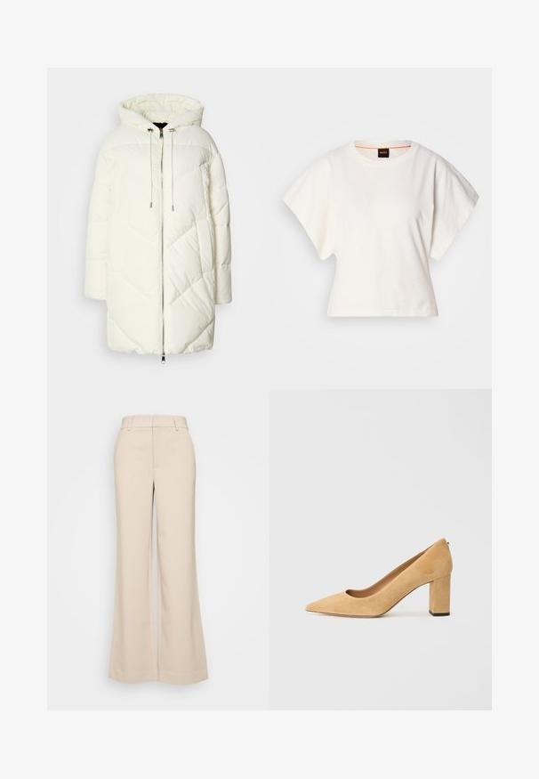 Giacca puffer bianca con cappuccio, caratterizzata da un motivo a rombi trapuntato, chiusura con zip frontale e stringhe di regolazione. Texture liscia e vestibilità comoda.; T-shirt bianca cropped, maniche corte e larghe, tessuto di cotone morbido, scollatura rotonda con bordino arancione sottile, design minimale, senza motivi o grafiche.; Pantaloni beige a gamba larga con una texture liscia, caratterizzati da una vita alta e due tasche frontali. Design pulito con una vestibilità sartoriale.; Pump beige in suede con tacco alto, punta affilata e tacco a blocco massiccio. Il materiale ha una consistenza morbida con una finitura liscia.