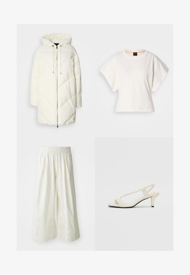 White puffer jacket with a hood, featuring a quilted diamond pattern, front zipper closure, and drawstrings. Smooth texture and relaxed fit.; White cropped T-shirt, short wide sleeves, soft cotton material, round neckline with subtle orange trim, minimal design, no patterns or graphics.; White wide-leg pants featuring a textured fabric, an elastic waistband, and intricate cut-out patterns at the hem.; Beige block-heeled sandals with thin straps and a square toe. Smooth material with minimal detailing, designed for easy wear.