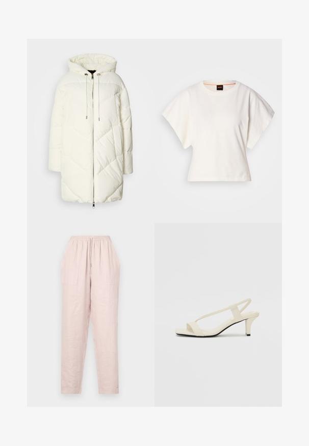 Bílá péřová bunda s kapucí, s prošívaným diamantovým vzorem, předním zipem a stahovacími šňůrkami. Hladká textura a volný střih.; Bílý zkrácený T-shirt, krátké široké rukávy, měkký bavlněný materiál, kulatý výstřih s jemným oranžovým lemováním, minimalistický design, bez vzorů nebo grafik.; Svetle růžové lněné kalhoty s šňůrkovým pasem, bočními kapsami a volným střihem. Spodní lem je zúžený s hladkým povrchem.; Krémové sandály na bloku s tenkými popruhy a čtveratou špičkou. Hladký materiál s minimálními detaily, navržené pro snadné nošení.