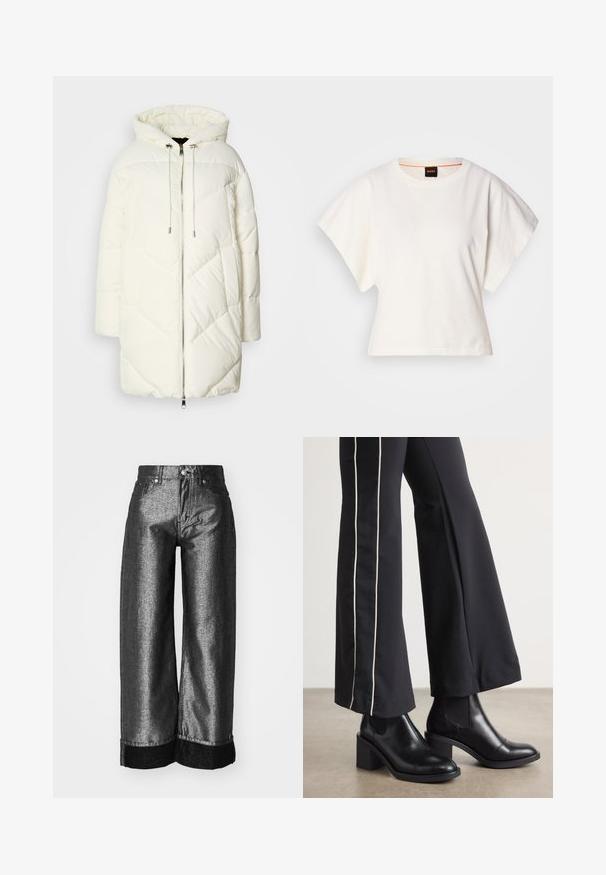 Chaqueta de plumas blanca con capucha, que presenta un patrón de diamantes acolchado, cierre frontal con cremallera y cordones. Textura suave y ajuste relajado.; Camiseta blanca recortada, con mangas cortas y anchas, material de algodón suave, cuello redondo con un sutil ribete naranja, diseño minimalista, sin patrones ni gráficos.; Jean de pierna ancha en denim gris metálico oscuro con una textura suave. Presenta un puño de denim negro y cierre de botón estándar con lazos para cinturón.; Botines de cuero negro con tacón cuadrado, con paneles laterales elásticos. Combinados con pantalones negros que tienen una franja blanca lateral.