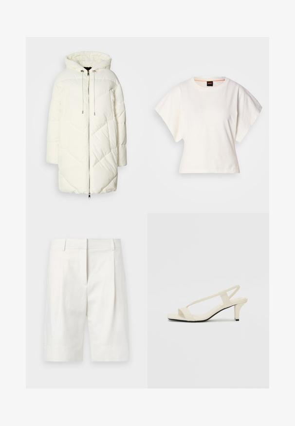 Witte pufferjack met capuchon, voorzien van een gewatteerd ruitpatroon, sluiting met een ritssluiting aan de voorkant en koordjes. Glad materiaal en een relaxte pasvorm.; Witte gecropte T-shirt, korte brede mouwen, zachte katoenmaterialen, ronde halslijn met subtiele oranje rand, minimalistisch ontwerp, geen patronen of graphics.; Lichtgekleurde op maat gemaakte shorts van katoen, met een vlakke voorkant, plooien en een rechte snit. Gladde textuur met een klassieke afwerking.; Beige blockhak sandalen met dunne bandjes en een vierkante neus. Glad materiaal met minimale details, ontworpen voor eenvoudig dragen.