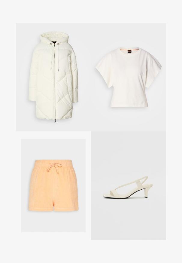 Weißer Pufferjacke mit Kapuze, ausgestattet mit einem gesteppten Rautenmuster, vorderem Reißverschluss und Kordelzügen. Glatte Textur und lockere Passform.; Weißes, kurzes T-Shirt, kurze weite Ärmel, weicher Baumwollstoff, runder Ausschnitt mit subtilen orangefarbenen Akzenten, minimales Design, keine Muster oder Grafiken.; Pfirsichfarbene Frottee-Shorts mit elastischem Bund und Kordelzug. Sie zeichnen sich durch eine weiche Textur und eine lockere Passform aus.; Beige Blockabsatzsandalen mit dünnen Riemen und quadrater Spitze. Glattes Material mit minimalem Design, entworfen für einfaches Tragen.