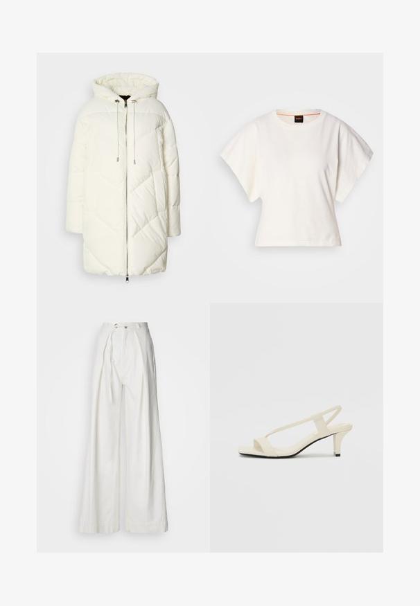 White puffer jacket with a hood, featuring a quilted diamond pattern, front zipper closure, and drawstrings. Smooth texture and relaxed fit.; White cropped T-shirt, short wide sleeves, soft cotton material, round neckline with subtle orange trim, minimal design, no patterns or graphics.; White, wide-leg trousers made of lightweight fabric. Features a front belt loop, long tie belt, and subtle pleats for a relaxed fit.; Beige block-heeled sandals with thin straps and a square toe. Smooth material with minimal detailing, designed for easy wear.