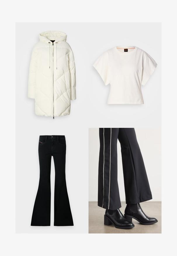 Valkoinen puffatakki, jonka hupussa on tikattu timanttipatrooni, etuvetoketjukiinnitys ja kiristysnauhat. Sileä pinta ja rento istuvuus.; Valkoinen lyhythihainen t-paita, leveät lyhyet hihat, pehmeää puuvillamateriaalia, pyöreä pääntie jossa hienovarainen oranssi reunus, minimaalinen muotoilu, ei kuvioita tai graafisia elementtejä.; Mustat levenevät farkut, joissa on korkea vyötärö, denimpintaiset, etutaskut ja pieni logoteema etutaskussa.; Mustat nahkasaappaat nilkkapituisilla, lohkareella, joissa on joustavat sivupaneelit. Yhdistetty mustiin housuihin, joissa on valkoinen sivuraita.