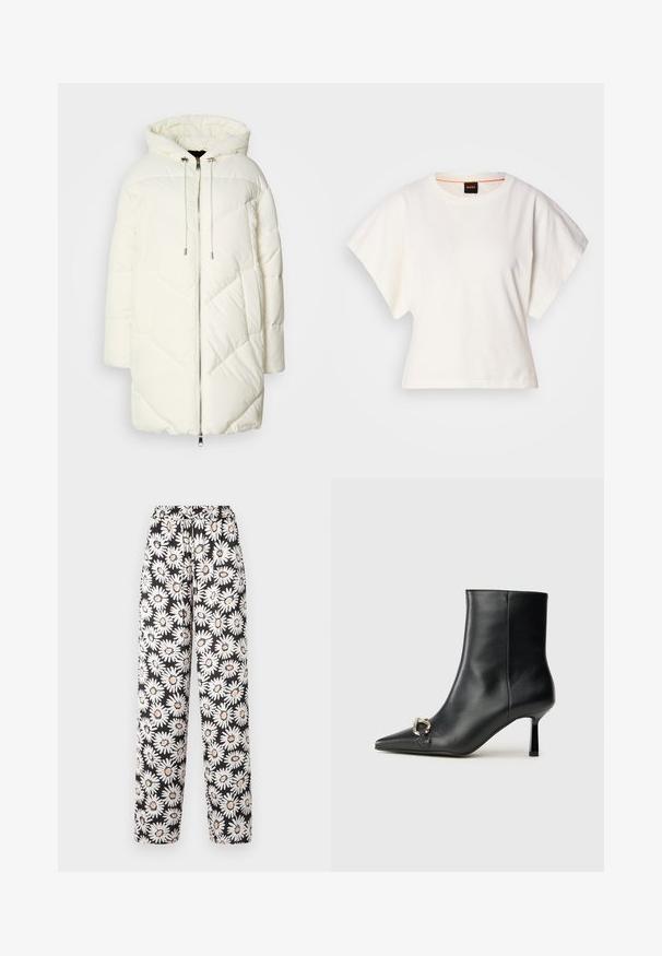 Weißer Pufferjacke mit Kapuze, ausgestattet mit einem gesteppten Rautenmuster, vorderem Reißverschluss und Kordelzügen. Glatte Textur und lockere Passform.; Weißes, kurzes T-Shirt, kurze weite Ärmel, weicher Baumwollstoff, runder Ausschnitt mit subtilen orangefarbenen Akzenten, minimales Design, keine Muster oder Grafiken.; Schwarze Hose mit einem elastischen Bund, die ein weißes und orangefarbenes Gänseblümchenmuster aufweist. Hergestellt aus leichtem Material mit glatter Textur.; Schwarze Leder-Stiefelette mit spitzer Zehe, schlankem, mittelhohem Absatz und silberner Schnalle seitlich vor einem schlichten Hintergrund.