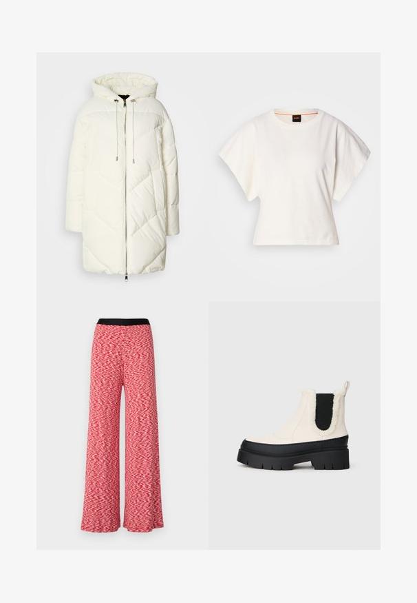 Doudoune blanche avec capuche, présentant un motif losange matelassé, fermeture éclair à l'avant et cordons de serrage. Texture lisse et coupe décontractée.; T-shirt blanc cintré, manches courtes et larges, en coton doux, décolleté rond avec une discrète bordure orange, design minimaliste, sans motifs ni graphiques.; Pantalons larges en tissu texturé rouge et blanc. Dotés d'une taille noire et d'un design fluide, adaptés pour un usage décontracté.; Bottes chelsea à plateforme épaisse avec une tige blanche, semelle en caoutchouc noire et panneaux élastiques latéraux contrastants noirs. Bord en faux fourrure au sommet.