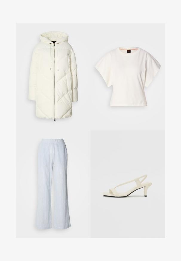 Biely prešívaný kabát s kapucňou, so štruktúrovaným diamantovým vzorom, predným zipsom a stiahnutím. Hladká textúra a voľný strih.; Biely skrátený tričko, krátke široké rukávy, mäkký bavlnený materiál, okrúhly výstrih s jemným oranžovým lemovaním, minimalistický dizajn, bez vzorov alebo grafiky.; Svetlomodré nohavice s širokými nohavicami a vertikálnymi bielymi a červenými pruhmi. Majú elastický pás a bočné vrecká. Hladká textúra pripomínajúca bavlnu.; Béžové sandále na blokovom podpätku s tenkými pásikmi a štvorcovou špičkou. Hladký materiál s minimálnym detailovaním, navrhnuté pre ľahké nosenie.