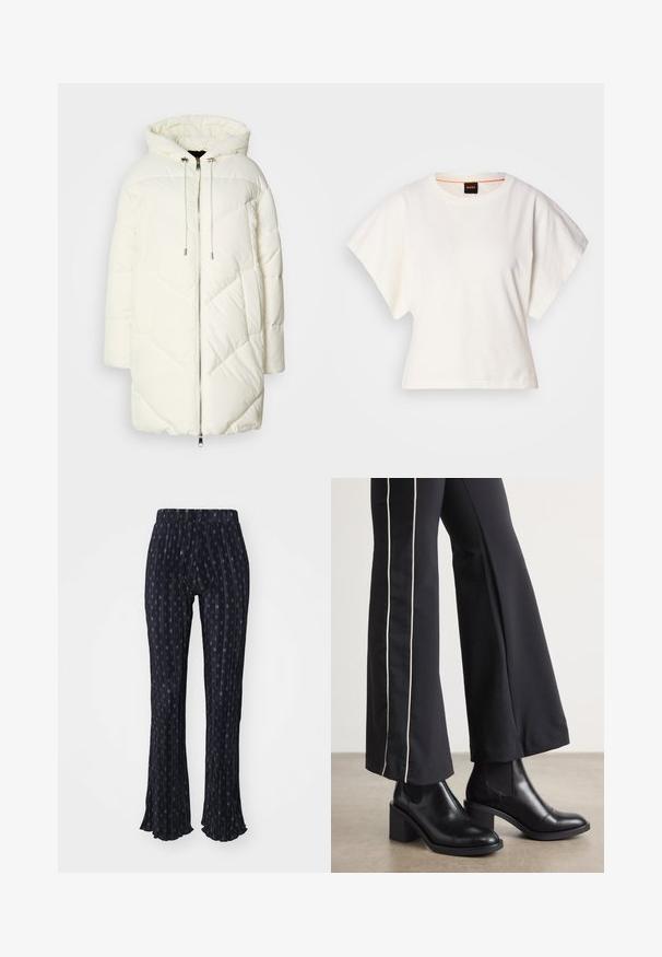 Witte pufferjack met capuchon, voorzien van een gewatteerd ruitpatroon, sluiting met een ritssluiting aan de voorkant en koordjes. Glad materiaal en een relaxte pasvorm.; Witte gecropte T-shirt, korte brede mouwen, zachte katoenmaterialen, ronde halslijn met subtiele oranje rand, minimalistisch ontwerp, geen patronen of graphics.; Marineblauwe broek met een streepjespatroon en kleine ronde designs. Flared zoom, elastische tailleband en geplooide textuur.; Zwarte leren enkellaarzen met een blokhak, voorzien van elastische zijpanelen. Gecombineerd met zwarte broeken met een witte zijstreep.