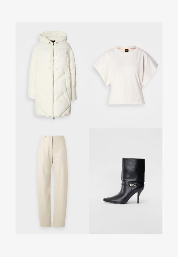 Casaco puffer branco com capuz, apresentando um padrão de diamante acolchoado, fecho frontal com zíper e cordões. Textura suave e ajuste solto.; T-shirt branco cropped, mangas curtas e largas, material de algodão suave, decote redondo com um discreto acabamento laranja, design minimalista, sem padrões ou gráficos.; Calças bege de perna recta com fecho de botão e zipper, passadores de cinto e bolsos laterais sobre fundo branco liso.; Bota de tornozelo em couro preto com bico fino, alto salto stiletto, punho dobrado e detalhe decorativo em fivela dourada no tornozelo.