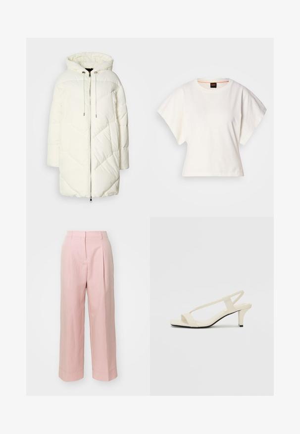 Biała kurtka puchowa z kapturem, z pikowanym wzorem w romby, z zamkiem błyskawicznym z przodu oraz sznureczkami. Gładka tekstura i luźny krój.; Biała, krótka koszulka z szerokimi rękawami, wykonana z miękkiej bawełny, okrągły dekolt z delikatnym pomarańczowym wykończeniem, minimalistyczny design, bez wzorów i grafik.; Jasnoróżowe szerokie spodnie z wysokim stanem, fałdami z przodu i przeszytymi detalami przy hemie. Wykonane z gładkiego, lekkiego materiału.; Beżowe sandały na blokowym obcasie z cienkimi ramiączkami i kwadratowym noskiem. Gładki materiał z minimalną ilością detali, zaprojektowane z myślą o łatwym zakładaniu.