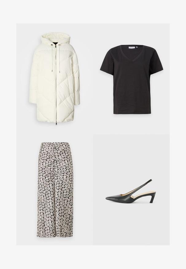 Witte pufferjack met capuchon, voorzien van een gewatteerd ruitpatroon, sluiting met een ritssluiting aan de voorkant en koordjes. Glad materiaal en een relaxte pasvorm.; Zwarte katoenen T-shirt met een V-hals en korte mouwen. Eenvoudig ontwerp met een regular fit en zonder patronen of accenten.; Bloemrijke wijdvallende broeken met een zwarte achtergrond, witte madeliefjes en rode accenten, gemaakt van lichte stof met een gladde textuur.; Zwarte puntige slingback schoen met een lage hak, gemaakt van soepel leer en voorzien van een uitsnede aan de zijkant voor ventilatie.