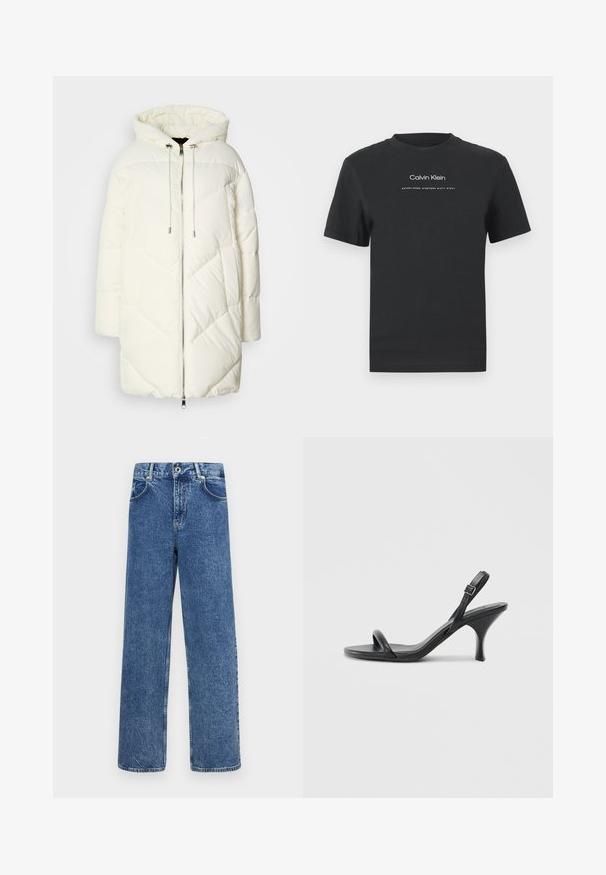 Balts pūkains jaka ar kapuci, ar izšūtu dimanta rakstu, priekšējo rāvējslēdzēju un auklām. Gluda tekstūra un brīva piegrieztne.; Melna kokvilnas T-kreklā ar apaļu apkakli, īsām piedurknēm un baltu uzdrukātu "Calvin Klein" logotipu un tekstu "Izveidots 1968".; Denim bikses vidēji zilā krāsā ar taisnu griezumu. Satur piecas kabatas, pogu aizdari un redzamas šuves. Nedaudz nolietota tekstūra.; Melnas ādas augstpapēžu sandales ar plānu, izliekta formas papēdi un krustenisku siksnu dizainu. Regulējama potītes siksna. Gluda tekstūra.