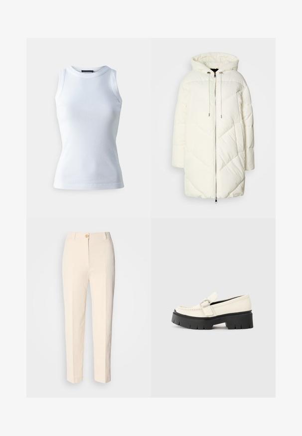 Casaco puffer branco com capuz, apresentando um padrão de diamante acolchoado, fecho frontal com zíper e cordões. Textura suave e ajuste solto.; Top branco sem mangas, feito de tecido canelado, com um decote redondo e silhueta ajustada. Texto suave, sem padrões ou realces visíveis.; Calças de cintura alta em tom creme, feitas de um tecido texturizado. Apresenta um fecho frontal com botão e pernas afuniladas.; Mocassim de couro branco com sola plataforma preta robusta, apresentando uma fivela retangular prateada e detalhes de costura visíveis na parte superior.