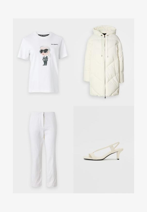 Valge puffjope kapuutsiga, millel on suretatud teemantmuster, esine lukuga sulgemine ja kummutustega. Sile tekstuur ja vabalt voolav lõige.; Valge puuvillane T-särk, millel on graafiline illustratsioon tegelasest mustade päikeseprillide ja ülikonnaga. Etiketil on tekst "KARL LAGERFELD."; Valged puuvillased püksid sirge lõikega, keskmise kõrgusega vöökoht ja ilma nähtavate detailide või mustriteta. Ühtlane sile tekstuur.; Beez blok-kandadesed õhukeste rihmadega ja ruudukujulise varbaga. Sile materjal minimaalsete detailidega, kujundatud mugavaks kandmiseks.