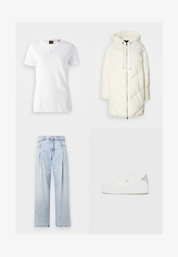 Bílá péřová bunda s kapucí, s prošívaným diamantovým vzorem, předním zipem a stahovacími šňůrkami. Hladká textura a volný střih.; Bílý bavlněný tričko s krátkým rukávem, na kterém se nachází malé růžové srdíčko na hrudi. Kolo výstřih s jemným vnitřním akcentem.; Světlé modré džíny z denimu s vysokým pasem, širokým střihem, dvěma bočními kapsami a nařaseným designem. Měkká textura s vybledlým povrchem.; Bílé plátěné tenisky s tlustou bílou podrážkou, s metalickým stříbrným akcentem na patě a jemným logem na boku.