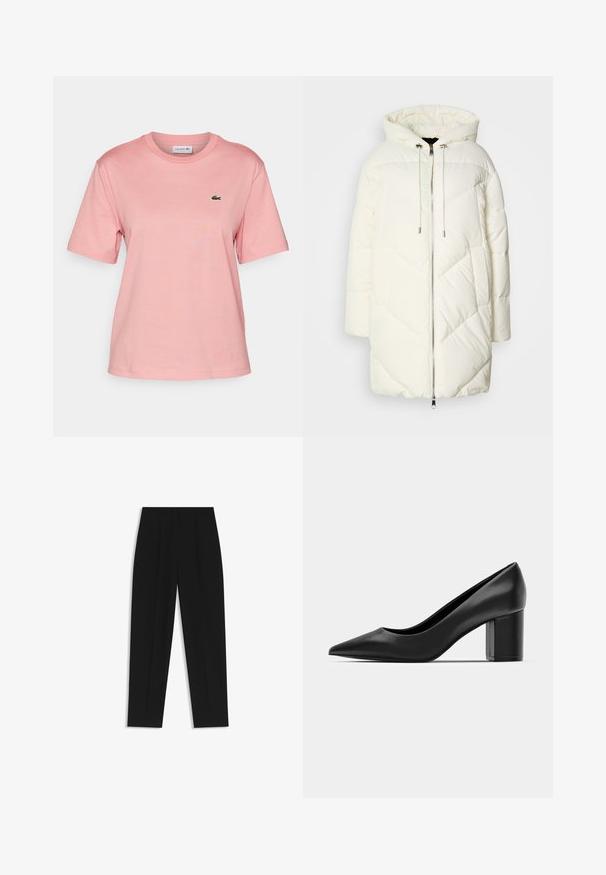 White puffer jacket with a hood, featuring a quilted diamond pattern, front zipper closure, and drawstrings. Smooth texture and relaxed fit.; Lacoste Basic T-shirt - tourmaline; Black trousers with a straight fit, featuring double pleats, a smooth texture, and a classic waistband design. No visible hardware or accents.; Black leather pump with a pointed toe and a chunky square heel. Smooth texture, simple design, suitable for formal settings.