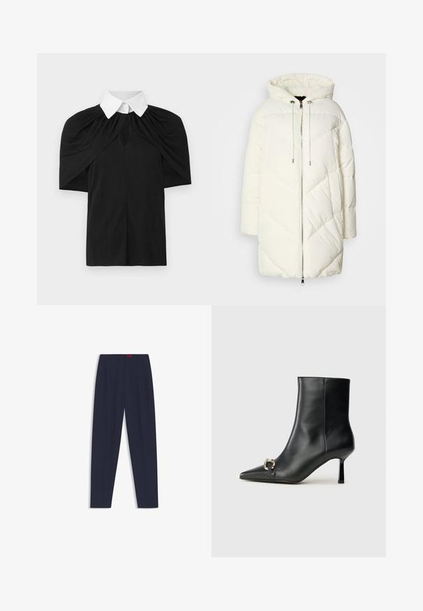 Hvid dunjakke med hætte, prydet med et quiltet diamantmønster, frontlynlås og snoretræk. Glat tekstur og afslappet pasform.; Sort skjorte med hvid krave, der har et draperet design, korte ærmer og en nøglehuludskæring foran. Glat tekstur, afslappet pasform.; Mørkeblå skræddersyede bukser med en glat tekstur, der har forkantede folder og sidelommer. Lige ben design uden synlige udsmykninger.; Sort læder ankelstøvle med spidse tæer, slank hæl i mellemhøjde og sølvspænde detaljer på siden mod en ensfarvet baggrund.