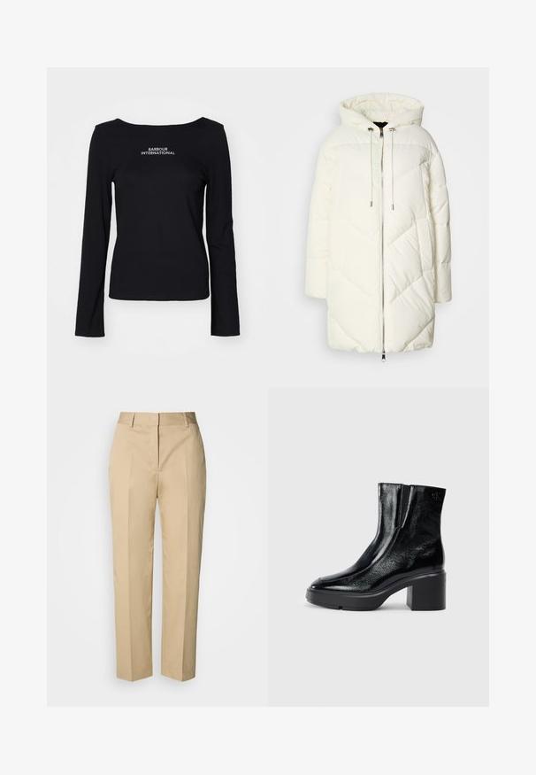 White puffer jacket with a hood, featuring a quilted diamond pattern, front zipper closure, and drawstrings. Smooth texture and relaxed fit.; Black long-sleeve top made of lightweight fabric. Features a scoop neckline and white embroidered "BARBOUR INTERNATIONAL" logo on the chest.; Beige straight-leg trousers with belt loops, front crease, and concealed closure, displayed against a light background.; Black patent leather ankle boots with a curved toe, elastic side panels, and a chunky block heel. Features embossed logo on the back.