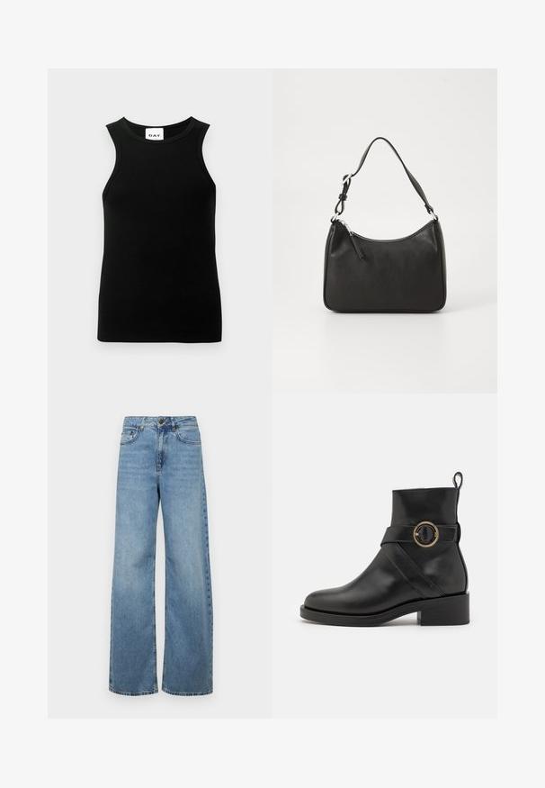 Hvit puffjakke med hette, med et quiltet diamantmønster, frontlukking med glidelås og snorer. Jevn tekstur og avslappet passform.; Svart ermeløs topp med ribbestruktur, rund halsutskjæring og en tettsittende fasong. Merket viser "DAY"-logo.; Lyseblå vide jeans laget av denim, med høy midje, frontlommer og et klassisk fem-lommers design, med subtile falming.; BOSS IRYNA BOOTIE - Platåstøvletter - black; Svart lærveske med en buet form, en enkelt stropp, glidelåslukking og subtil merkevarebygging på forsiden. Glatt tekstur, minimalistisk design.