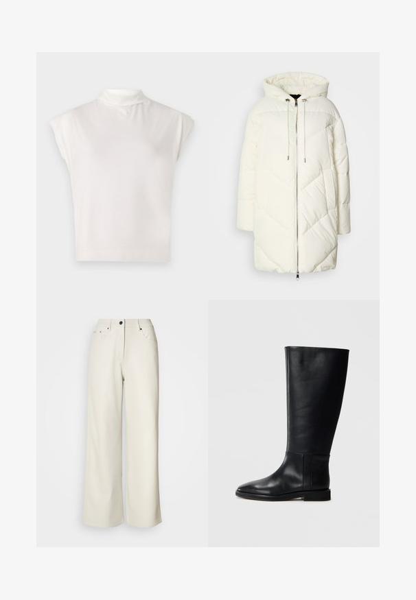 Giacca puffer bianca con cappuccio, caratterizzata da un motivo a rombi trapuntato, chiusura con zip frontale e stringhe di regolazione. Texture liscia e vestibilità comoda.; Top bianco senza maniche a collo alto realizzato in tessuto morbido, caratterizzato da un design strutturato con una superficie liscia e un sottile dettaglio a coste sull'orlo.; Pantaloni a gamba larga color crema realizzati in tessuto morbido. Presentano una vita medio alta, zip anteriore e due tasche frontali con dettagli in metallo nero.; Stivale in pelle nera al ginocchio con punta arrotondata, texture liscia, design minimalista e suola piatta. Dettagli di cucitura semplici sulla gamba.