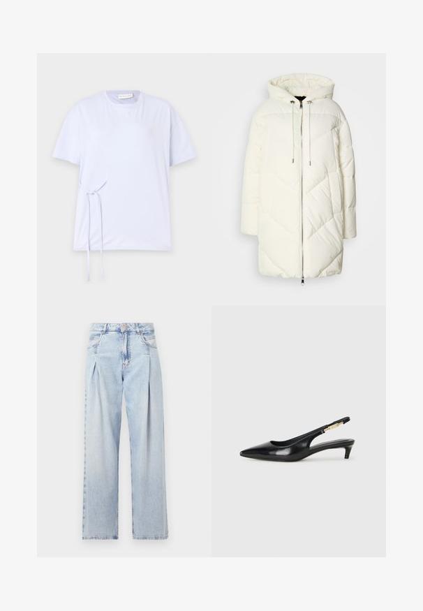 Bílá péřová bunda s kapucí, s prošívaným diamantovým vzorem, předním zipem a stahovacími šňůrkami. Hladká textura a volný střih.; Světle modré bavlněné tričko s krátkými rukávy, kulatým výstřihem a detailem vázání na boku. Měkká textura a volný střih.; Světlé modré džíny z denimu s vysokým pasem, širokým střihem, dvěma bočními kapsami a nařaseným designem. Měkká textura s vybledlým povrchem.; Černé kožené boty na podpatku s otevřenou patou a špičatou špičkou, s tenkým podpatkem a zlatým akcentem na nastavitelném pásku. Hladký povrch.