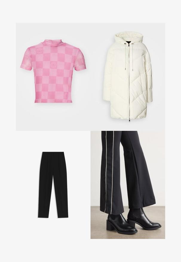 Biała kurtka puchowa z kapturem, z pikowanym wzorem w romby, z zamkiem błyskawicznym z przodu oraz sznureczkami. Gładka tekstura i luźny krój.; Różowy cropped top z krótkimi rękawami z wzorem w kratę i subtelnym logo uśmiechniętej buźki, wykonany z przezroczystego, lekkiego materiału.; Czarne spodnie o prostym kroju, z podwójnymi zakładkami, gładką teksturą i klasycznym krojem w talii. Bez widocznych elementów metalowych ani akcentów.; Czarne skórzane botki za kostkę na słupku, z elastycznymi panelami po bokach. Połączone z czarnymi spodniami z białym paskiem po boku.