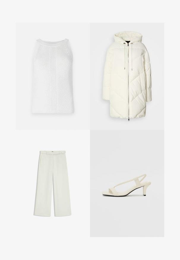 White puffer jacket with a hood, featuring a quilted diamond pattern, front zipper closure, and drawstrings. Smooth texture and relaxed fit.; White knitted tank top with a textured pattern, round neckline, and wide armholes; features distinct vertical and horizontal knit details.; Wide-leg pants in light cream fabric, featuring side pockets, a flat front, and a single button closure at the waist. Smooth texture.; Beige block-heeled sandals with thin straps and a square toe. Smooth material with minimal detailing, designed for easy wear.