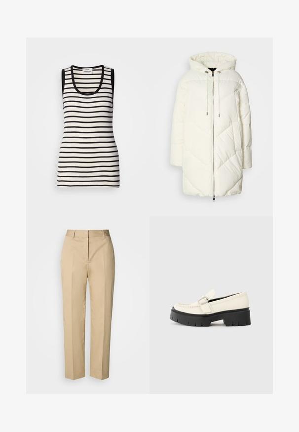 Casaco puffer branco com capuz, apresentando um padrão de diamante acolchoado, fecho frontal com zíper e cordões. Textura suave e ajuste solto.; T-shirt sem mangas com riscas horizontais pretas e brancas, textura canelada e decote arredondado. Detalhes em preto nos ombros e no decote.; Calças bege de perna reta com passantes para cinto, vinco frontal e fecho invisível, exibidas contra um fundo claro.; Mocassim de couro branco com sola plataforma preta robusta, apresentando uma fivela retangular prateada e detalhes de costura visíveis na parte superior.