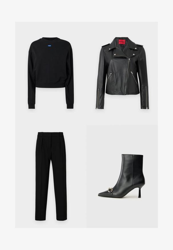 Čierna kožená moto bunda s striebornými zipsami, zapínaním na klopu a zipsovými vreckami. Obsahuje výrazný červený vnútorný štítok.; Čierny skrátený sveter s dlhými rukávmi a rebrovanými manžetami; obsahuje modrú obdĺžnikovú nášivku s logom vpredu pri výstrihu.; Čierne oblekové nohavice so strihom na priamu líniu, s plisovaným predným dielom, lesklým materiálom a stredne vysokým pásom. Bez viditeľných vreciek alebo hardvérových detailov.; Čierna kožená členková obuv s špicatou špičkou, štíhlým stredne vysokým podpätkom a striebornou sponou na boku na jednoduchom pozadí.