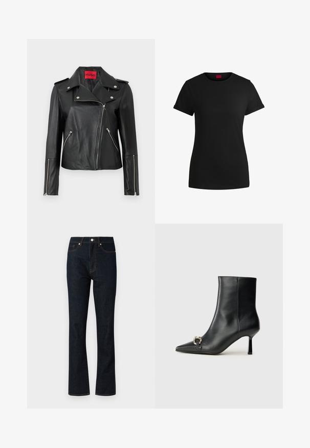 Jachetă de motocicletă din piele neagră cu fermoare argintii, guler cu capse și buzunare cu fermoar. Prezintă un eticheta interioară roșie îndrăzneață.; Tricou din bumbac negru, cu mâneci scurte și răsucite, decolteu rotund și etichetă roșie. Textură netedă, formă ajustată și detalii minime.; Blugi din denim de culoare albastru închis, cu croială dreaptă, prezentând cusături portocalii, un design tradițional cu cinci buzunare și închidere cu nasture metalic.; Botine negre din piele, cu vârf ascuțit, toc subțire de înălțime medie și detaliu cu cataramă argintie pe lateral, pe un fundal simplu.