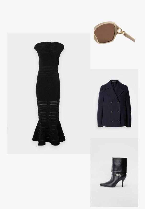 Mornarska vuna kaput s dvostrukim kopčanjem, velikim izrezanim reverima, crnim gumbima i bočnim džepovima. Glatka tekstura i kroj prilagođen tijelu.; Crna haljina s konturiranim siluetom, rebrastom teksturom i raširenim rubom. Sadrži prugaste izreze na dnu i visoki dekolte.; Crna kožna gležnjača s šiljastim prstom, visokim stiletto potplatom, preklopnim rubom i zlatnom dekorativnom kopčom na gležnju.; Svijetlosmeđa sunčana naočala s smeškim staklima, okruglo kvadratnog okvira, zlatnim naglascima na šarkama i svijetlim teksturiranim krakovima.