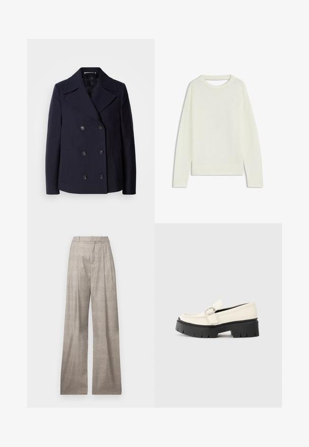 Mørkeblå uld pea coat med dobbeltbrystet design, store slagkraver, sorte knapper og sidelommer. Glat tekstur og skræddersyet pasform.; Lys cremesweater med rund hals, lange ærmer, ribbet kant og en blød tekstur. Ingen mønstre eller synlige hardware-detaljer.; Lys grå, bredbenede bukser med et subtilt hundetandmønster, folder, bæltestropper og en glat tekstur.; Hvide læder loafers med en kraftig sort platformsål, der har en rektangulær sølvspænde og synlige syninger på overdelen.