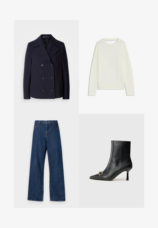 Cappotto da marinaio in lana blu navy con design doppiopetto, ampie rever, bottoni neri e tasche laterali. Tessuto liscio e vestibilità sartoriale.; Maglione color crema chiaro con collo tondo, maniche lunghe, orlo a costine e una consistenza morbida. Nessun motivo o dettagli hardware visibili.; Jeans blu scuro a gamba larga realizzati in denim con un classico design a cinque tasche. Presentano cuciture a contrasto e una chiusura frontale con bottone.; Stivale alla caviglia in pelle nera con punta affusolata, tacco sottile di media altezza e dettaglio in fibbia argentata sul lato, su sfondo semplice.