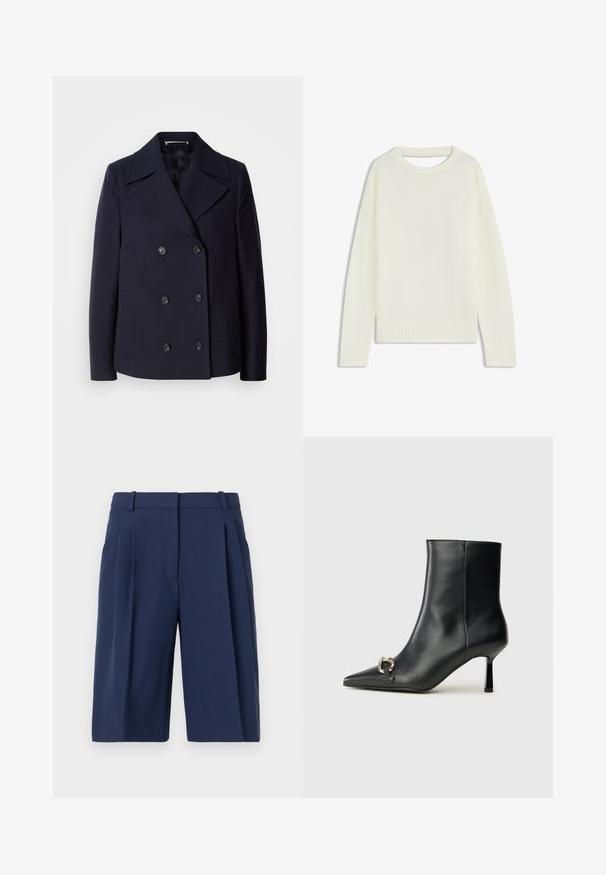 Navy wool pea coat with a double-breasted design, large notched lapels, black buttons, and side pockets. Smooth texture and tailored fit.; Light cream sweater featuring a round neck, long sleeves, ribbed hem, and a soft texture. No patterns or visible hardware details.; Navy blue shorts with a tailored fit, featuring a pleated front, belt loops, and smooth fabric texture, knee-length cut.; Black leather ankle boot with pointed toe, slim mid-height heel, and silver buckle detail on side against plain background.