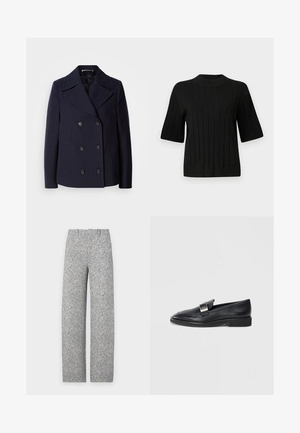Mārīnas vilnas peacoat ar dubulto aizdari, lieliem izgrieztiem uzvalkiem, melnām pogām un sānu kabatām. Gluda tekstūra un pielāgota piegriezuma.; Melnas īsajām piedurknēm adīta džemperis ar ribota tekstūra un augstu apkakli, ar vertikālām līnijām un pieguļošu siluetu.; Vilnas maisījuma, grebtu formas, gaiši pelēki bikses ar taisnu piegriezumu, ar jostu un jostu cilpiņām, bez redzamām kabatām.; Melnas ādas loafers ar sudraba taisnstūrveida sprādzi augšpusē un zemu papēdi uz baltā fona.