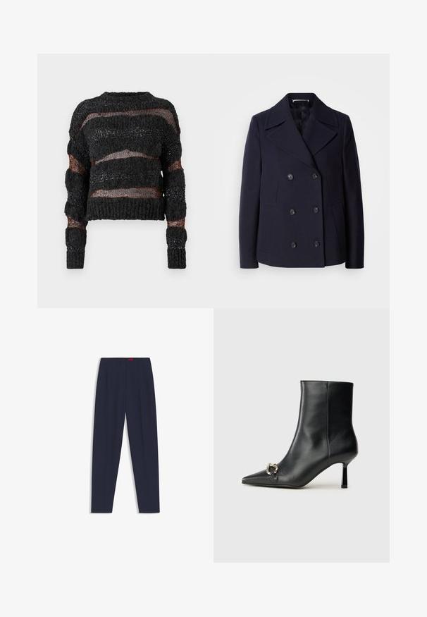 Navy wool pea coat with a double-breasted design, large notched lapels, black buttons, and side pockets. Smooth texture and tailored fit.; Black cropped sweater with textured knit, featuring horizontal open weaves and contrasting orange threads. Long sleeves with ribbed cuffs.; Navy blue tailored trousers with a smooth texture, featuring front pleats and side pockets. Straight leg design and no visible embellishments.; Black leather ankle boot with pointed toe, slim mid-height heel, and silver buckle detail on side against plain background.