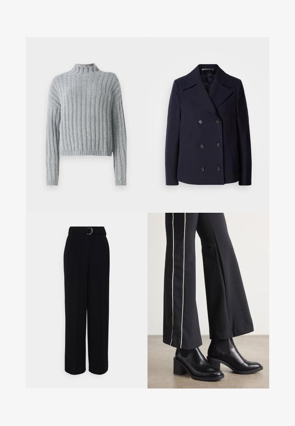 Merivärinen villapeacoat, jossa on kaksirivinappi-malli, suuret lovikilvet, mustat nappit ja sivutaskut. Silkkinen pinta ja räätälöity istuvuus.; Vaaleanharmaa paksu neulepusero, jossa on ribbimitattu kuvio, mock-neck, pitkät hihat ja hieman lyhyempi malli.; Mustat räätälöidyt housut, joissa on leveä lahkeensilhuetti, vyö hopeasoljella, laskokset ja sileä kankaan tekstuuri.; Mustat nahkasaappaat nilkkapituisilla, lohkareella, joissa on joustavat sivupaneelit. Yhdistetty mustiin housuihin, joissa on valkoinen sivuraita.