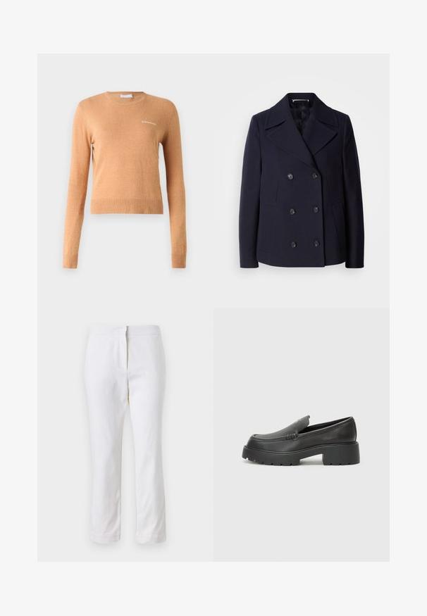 Palton din lână bleumarin, cu design cu două rânduri de nasturi, clape mari la guler, nasturi negri și buzunare laterale. Textură netedă și croială ajustată.; Pulover cu mânecă lungă, de culoare maro deschis, cu tiv și manșete cu model canalat, având un mic logo alb pe piept. Textură moale și netedă.; Pantaloni din bumbac alb, cu un design drept, având talie medie și fără hardware sau modele vizibile. Textură uniformă pe întreaga suprafață.; Mocasini din piele neagră, cu vârf rotunjit, talpă groasă texturată și detalii minimale de cusătură. Design elegant, fără șireturi sau accesorii vizibile.