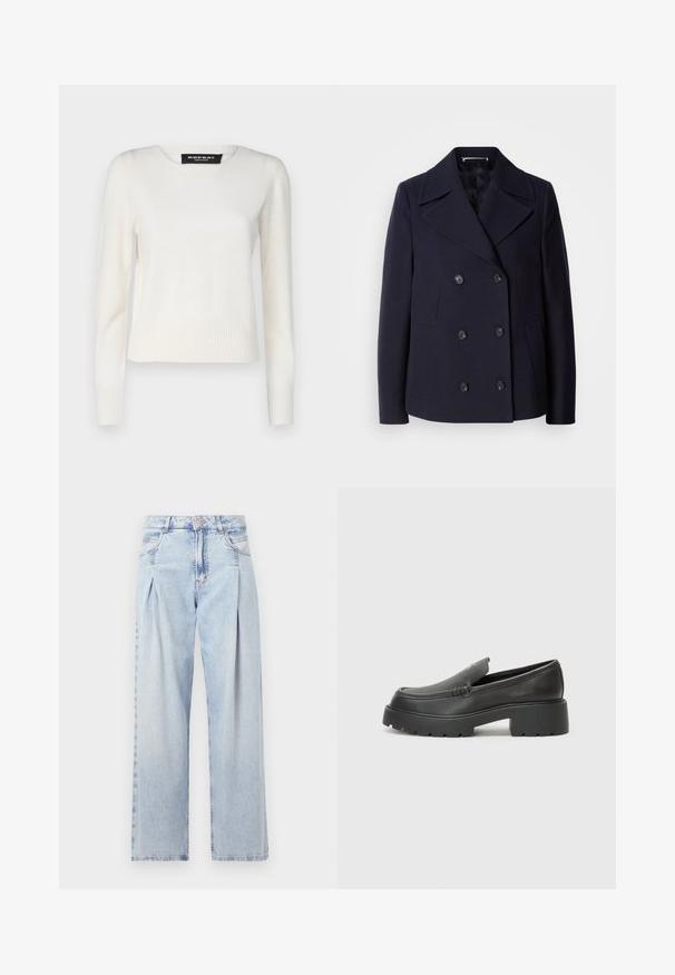 Navy wol pea coat met een dubbele rij knopen, grote gelapende revers, zwarte knopen en zijzakken. Gladde textuur en taillerende pasvorm.; Repeat Trui - cream; Lichtblauwe denim jeans met een hoge taille, wijde pijpen, twee zijzakken en geplooid ontwerp. Zachte textuur met een vervaagd uiterlijk.; Zwarte leren instappers met een ronde neus, dikke getextureerde zool en minimale stikseldetails. Strak ontwerp zonder zichtbare veters of hardware.