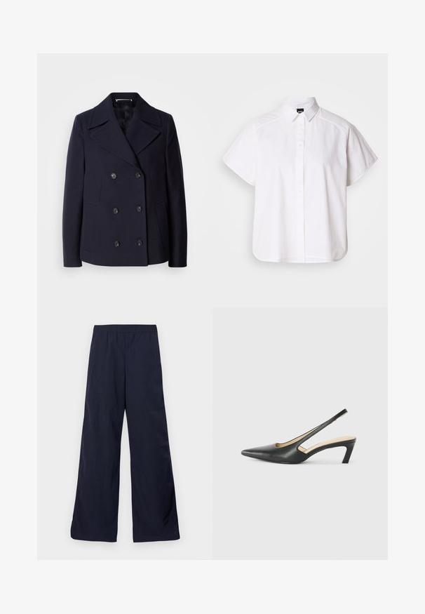 Mārīnas vilnas peacoat ar dubulto aizdari, lieliem izgrieztiem uzvalkiem, melnām pogām un sānu kabatām. Gluda tekstūra un pielāgota piegriezuma.; Balta īsajām piedurknēm krekls ar pogām un norādītu apkakli, kā arī viļņotu apakšmalu. Izgatavots no kokvilnas ar gludu tekstūru un bez redzamām rakstām.; Platas kājas bikses tumši zilā krāsā, izgatavotas no viegla materiāla ar gludu tekstūru un elastīgu jostasvietu ērtībām.; Melna, ar smailu purngalu, slingback kurpe ar zemu papēdi, izgatavota no gludas ādas materiāla un ar izgriezumiem sānos gaisa caurlaidībai.