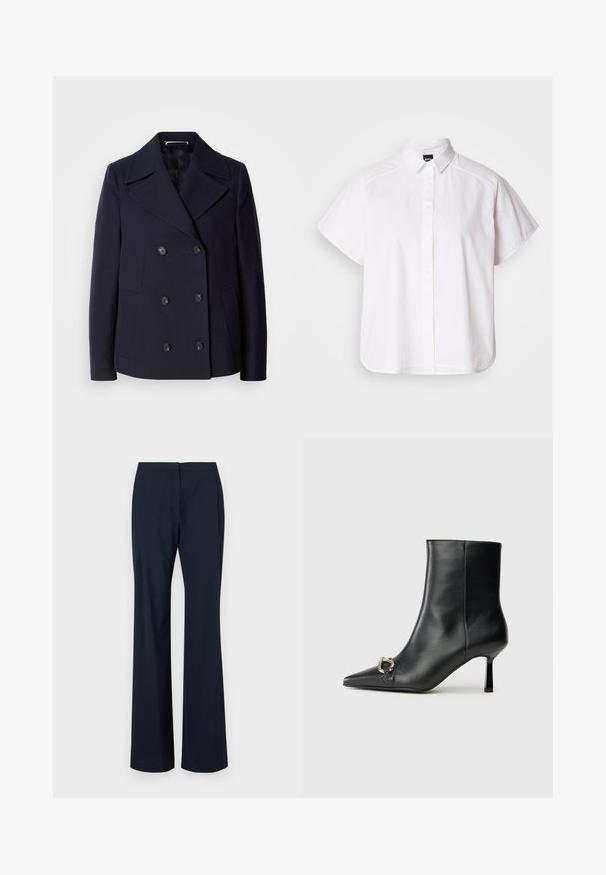 Palton din lână bleumarin, cu design cu două rânduri de nasturi, clape mari la guler, nasturi negri și buzunare laterale. Textură netedă și croială ajustată.; Cămașă albă cu mânecă scurtă, cu nasturi, guler ascuțit și margine curbă. Fabricată din bumbac, cu o textură netedă și fără modele vizibile.; Pantaloni evazați de culoare albastru marin, confecționați dintr-un material neted, având un brâu curat fără închizători vizibile și linii croite pentru un design aerodinamic.; Botine negre din piele, cu vârf ascuțit, toc subțire de înălțime medie și detaliu cu cataramă argintie pe lateral, pe un fundal simplu.