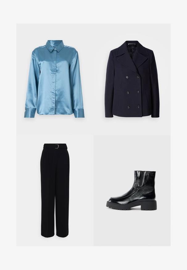 Casaco de lã azul-marinho estilo "pea coat" com design de duplo peito, grandes lapelas recortadas, botões pretos e bolsos laterais. Textura suave e corte ajustado.; Camisa de cetim azul claro com colarinho e fecho de botões à frente. Mangas longas com punhos abotoados e uma textura suave. Design minimalista.; Calças pretas sob medida com um silhueta de perna larga, apresentando um cinto com uma fivela prateada, pregas e uma textura de tecido suave.; Botas de tornozelo pretas com acabamento em pele envernizada brilhante, sola de borracha preta robusta e salto elevado; inclui um detalhe discreto do logótipo na lateral.
