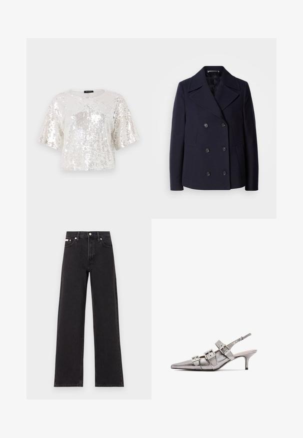 Mornarska vuna kaput s dvostrukim kopčanjem, velikim izrezanim reverima, crnim gumbima i bočnim džepovima. Glatka tekstura i kroj prilagođen tijelu.; Skraćeni kratki rukav top od swarovskog materijala u bijeloj i srebrnoj boji, s okruglim izrezom i rebrastim rubom.; Crne široke traperice od denima, s visokim strukom, pet džepova i metalnim zatvaranjem s kontrastnim šavovima.; Metalni srebrni slingback potpetice s izduženim vrhom, sa tri široke trake i kvadratnim metalnim kopčama. Sjajna tekstura i tanka potpetica.