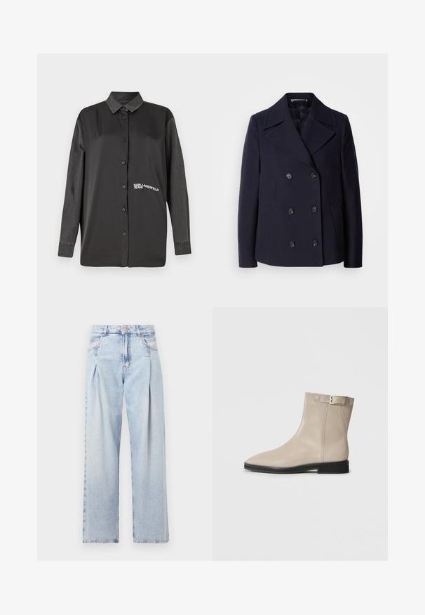 Mārīnas vilnas peacoat ar dubulto aizdari, lieliem izgrieztiem uzvalkiem, melnām pogām un sānu kabatām. Gluda tekstūra un pielāgota piegriezuma.; Melnā garo piedurkņu krekls ar pogu aizdari, kontrastējošām džinsa piedurknēm un izšūtu "KARL LAGERFELD JEANS" logotipu uz krūtīm. Gluda tekstūra.; Gaiši zilas džinsu bikses ar augstu jostasvietu, plats kāju griezumu, divām sānu kabatām un krokotā dizaina akcentiem. Mīksta tekstūra ar izdilušu apdari.; Bežīgas ādas potītes zābaki ar smailu purngalu, melnu zoli, zemu papēdi un zelta sprādzi uz ārējās puses, attēloti uz balta fona.