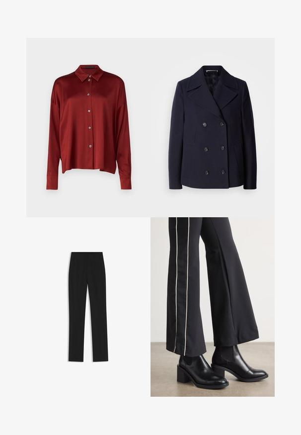 Navy wool pea coat with a double-breasted design, large notched lapels, black buttons, and side pockets. Smooth texture and tailored fit.; DRYKORN CLOELIA - Button-down blouse - red; Black tailored trousers with a straight-leg design, featuring front pockets and a smooth, textured fabric. Neat, minimal detailing.; Black leather ankle boots with a block heel, featuring elastic side panels. Paired with black pants that have a white side stripe.