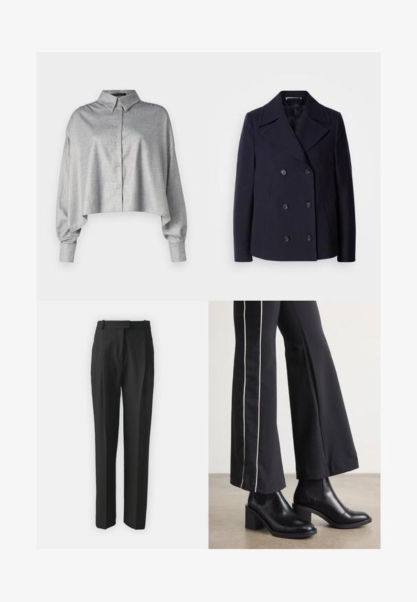Námořnický vlněný kabát s dvojitým zapínáním, velkými klopami, černými knoflíky a bočními kapsami. Hladká textura a přiléhavý střih.; Zkrácená šedá košile na knoflíky s límečkem, dlouhými rukávy a volným střihem. Hladká látka se subtilní texturou a zaobleným lemováním.; Černé kalhoty na míru vyrobené z lehkého materiálu, s rovnými nohavicemi, plochým předním dílem a poutek na opasek. Hladký povrch bez viditelných vzorů.; Černé kožené kotníkové boty na blokovém podpatku, s elastickými bočními panely. V kombinaci s černými kalhotami, které mají bílý boční pruh.